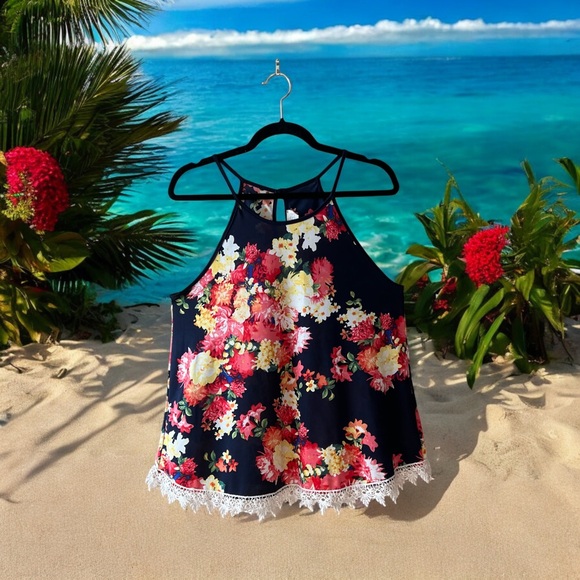 Sweet Wanderer Navy with Bright Coloured Floral Print Tank Top with Crochet Hem - Picture 4 of 11